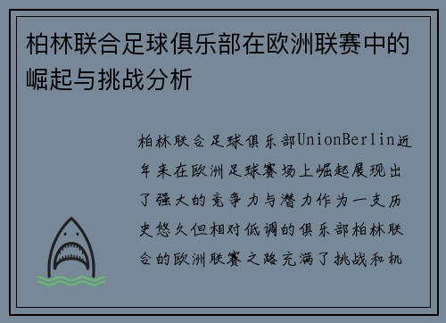 柏林联合足球俱乐部在欧洲联赛中的崛起与挑战分析