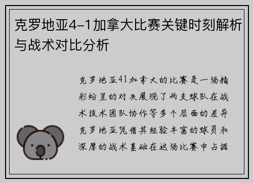 克罗地亚4-1加拿大比赛关键时刻解析与战术对比分析